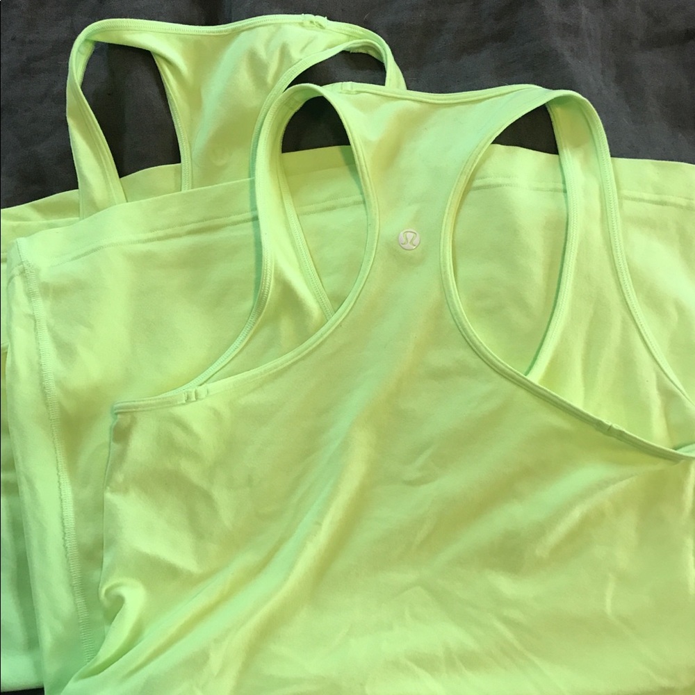 TWO neon green Lululemon tank tops size 8